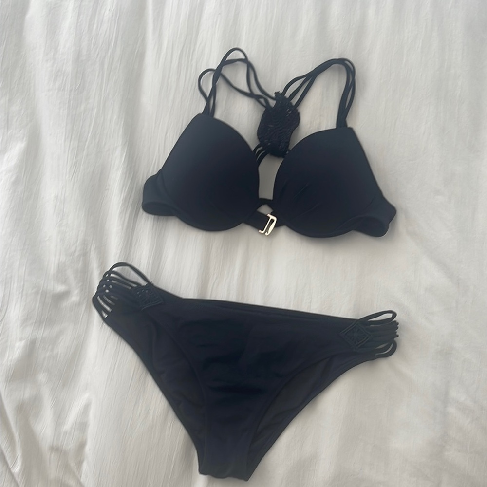 Victoria’s Secret Classic Black Women's Bikini Set with Crochet Detail